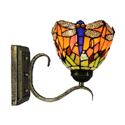 1 Light Dragonfly Wall Light Rustic Tiffany Stained Glass Wall Sconce in Orange for Library Clearhalo 'Industrial' 'Middle century wall lights' 'Tiffany wall lights' 'Tiffany' 'Wall Lamps & Sconces' 'Wall Lights' Lighting' 99023