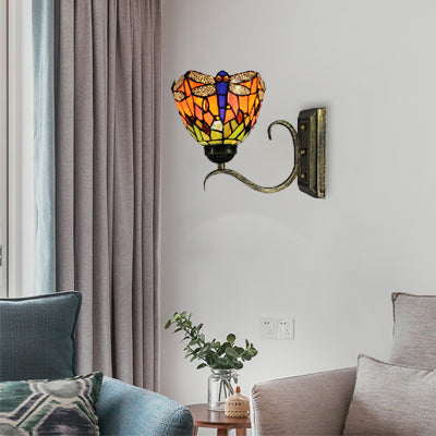 1 Light Dragonfly Wall Light Rustic Tiffany Stained Glass Wall Sconce in Orange for Library Orange Clearhalo 'Industrial' 'Middle century wall lights' 'Tiffany wall lights' 'Tiffany' 'Wall Lamps & Sconces' 'Wall Lights' Lighting' 99025