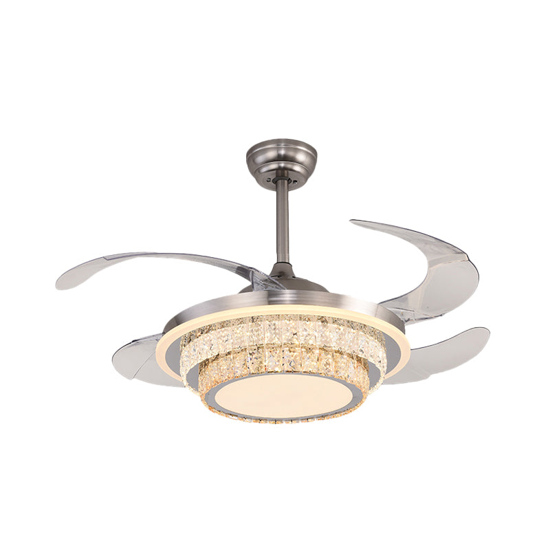 Silver LED 4-Blade Semi Flush Light Minimalist Crystal Tapered Cone Pendant Fan Lighting, 19.5" W Clearhalo 'Ceiling Fans with Lights' 'Ceiling Fans' Lighting' 990255