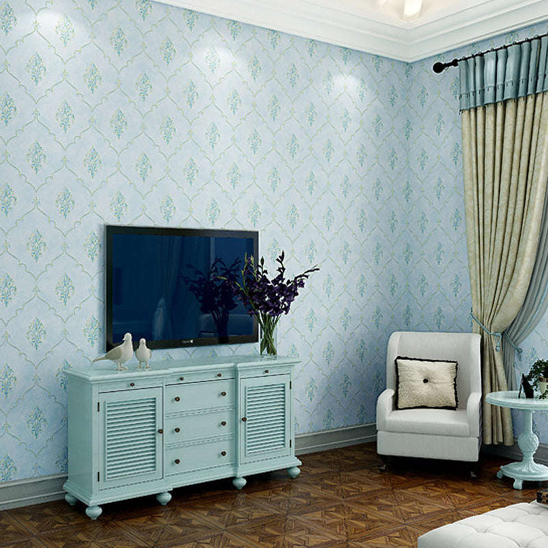 20.5"W x 33'L Scandinavian Simple Damasque Non-Pasted Wallpaper in Natural Color Sky Blue Clearhalo 'Vintage wall decor' 'Vintage' 'Wallpaper' Wall Decor' 990299