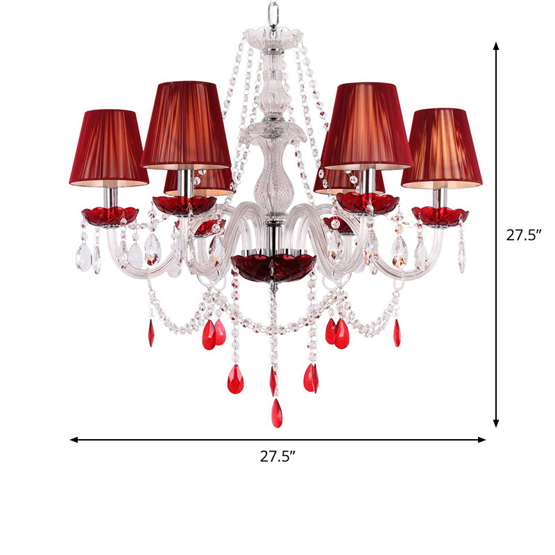 Red 6 Bulbs Chandelier Modernist Candlestick Crystal Pendant Light Fixture with Conical Shade Clearhalo 'Ceiling Lights' 'Chandeliers' 'Modern Chandeliers' 'Modern' Lighting' 990339