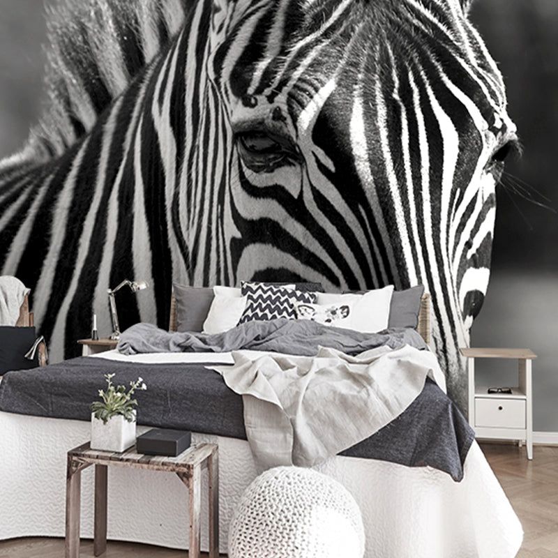 Zebra Mural Wallpaper Black and White Minimalist Wall Art for Living Room Clearhalo 'Wall Decor' 'Wall Mural' 990356