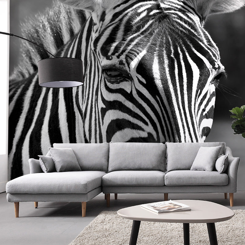 Zebra Mural Wallpaper Black and White Minimalist Wall Art for Living Room Clearhalo 'Wall Decor' 'Wall Mural' 990357