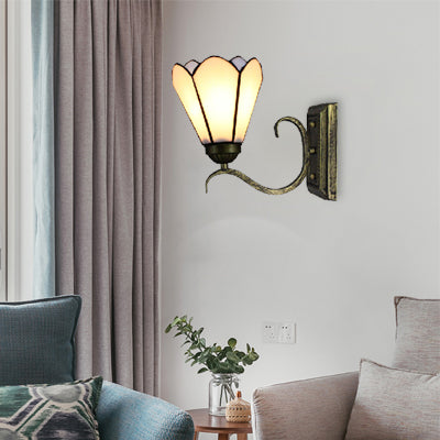 Cone Bookstore Wall Sconce Art Glass 1 Head Tiffany Simple Style Sconce Light in White Finish White Clearhalo 'Industrial' 'Middle century wall lights' 'Tiffany wall lights' 'Tiffany' 'Wall Lamps & Sconces' 'Wall Lights' Lighting' 99035