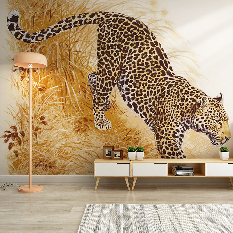Full Illustration Modern Wall Mural for Home Decoration with Yellow and Black Leopard Design Clearhalo 'Wall Decor' 'Wall Mural' 990370