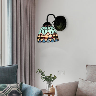 Stained Glass Domed Wall Light 1 Light Mediterranean Style Wall Lamp in Blue for Stair Blue Clearhalo 'Industrial' 'Middle century wall lights' 'Tiffany wall lights' 'Tiffany' 'Wall Lamps & Sconces' 'Wall Lights' Lighting' 99043