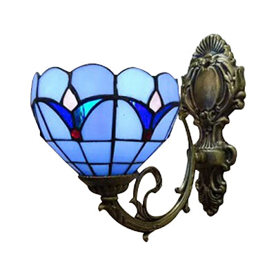 Foyer Bowl Shade Wall Light Stained Glass 1 Head Tiffany Wall Sconce in Blue Finish Clearhalo 'Industrial' 'Middle century wall lights' 'Tiffany wall lights' 'Tiffany' 'Wall Lamps & Sconces' 'Wall Lights' Lighting' 99047