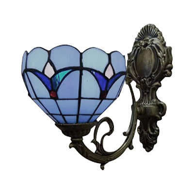 Foyer Bowl Shade Wall Light Stained Glass 1 Head Tiffany Wall Sconce in Blue Finish Clearhalo 'Industrial' 'Middle century wall lights' 'Tiffany wall lights' 'Tiffany' 'Wall Lamps & Sconces' 'Wall Lights' Lighting' 99048