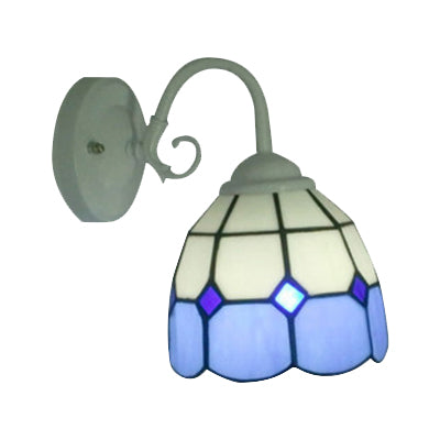 Simple Tiffany Blue Wall Sconce Grid Bowl 1 Light Stained Glass Wall Lamp in White Finish for Hotel Clearhalo 'Industrial' 'Middle century wall lights' 'Tiffany wall lights' 'Tiffany' 'Wall Lamps & Sconces' 'Wall Lights' Lighting' 99067
