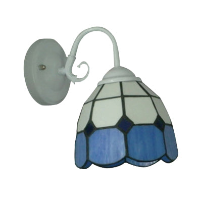 Simple Tiffany Blue Wall Sconce Grid Bowl 1 Light Stained Glass Wall Lamp in White Finish for Hotel Clearhalo 'Industrial' 'Middle century wall lights' 'Tiffany wall lights' 'Tiffany' 'Wall Lamps & Sconces' 'Wall Lights' Lighting' 99068