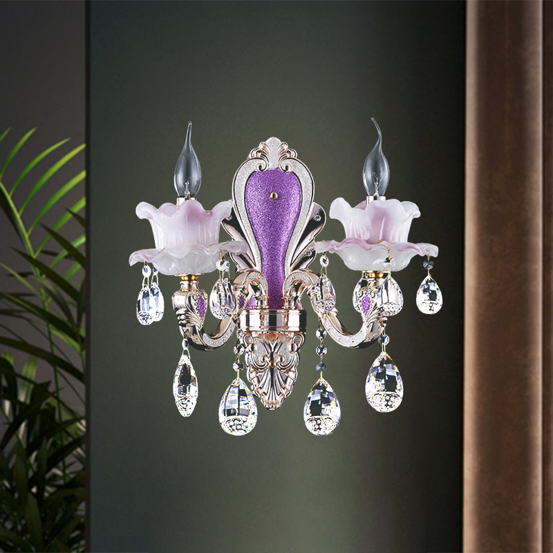 Purple Candelabra Wall Mount Light Modern 1/2 Lights Jade Sconce Light Fixture with Crystal Drop 2.0 Purple Clearhalo 'Modern wall lights' 'Modern' 'Wall Lamps & Sconces' 'Wall Lights' Lighting' 990737