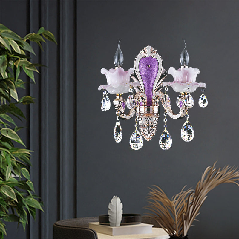 Purple Candelabra Wall Mount Light Modern 1/2 Lights Jade Sconce Light Fixture with Crystal Drop Clearhalo 'Modern wall lights' 'Modern' 'Wall Lamps & Sconces' 'Wall Lights' Lighting' 990738
