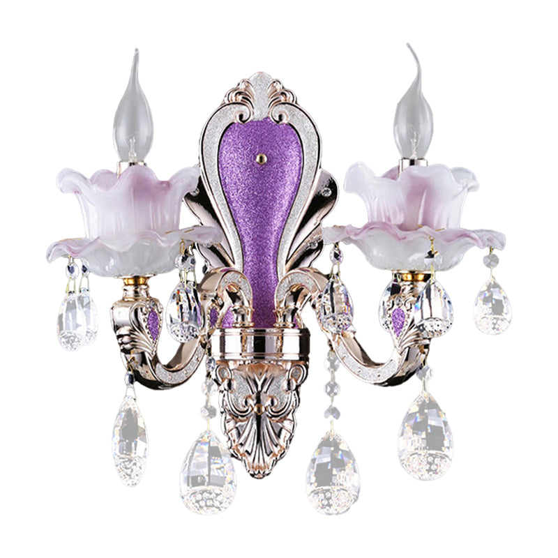 Purple Candelabra Wall Mount Light Modern 1/2 Lights Jade Sconce Light Fixture with Crystal Drop Clearhalo 'Modern wall lights' 'Modern' 'Wall Lamps & Sconces' 'Wall Lights' Lighting' 990739