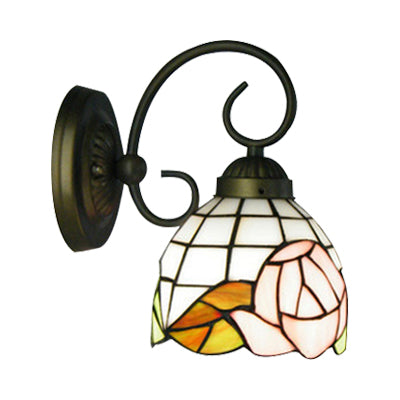 1 Head Sconce Light Victorian Dome Stained Glass Wall Light Fixture with Pink Rose Pattern Clearhalo 'Industrial' 'Middle century wall lights' 'Tiffany wall lights' 'Tiffany' 'Wall Lamps & Sconces' 'Wall Lights' Lighting' 99073