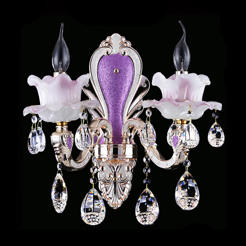 Purple Candelabra Wall Mount Light Modern 1/2 Lights Jade Sconce Light Fixture with Crystal Drop Clearhalo 'Modern wall lights' 'Modern' 'Wall Lamps & Sconces' 'Wall Lights' Lighting' 990740