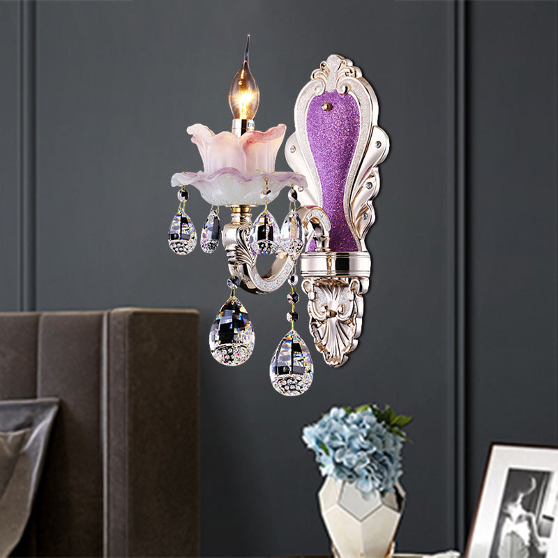 Purple Candelabra Wall Mount Light Modern 1/2 Lights Jade Sconce Light Fixture with Crystal Drop 1.0 Purple Clearhalo 'Modern wall lights' 'Modern' 'Wall Lamps & Sconces' 'Wall Lights' Lighting' 990742