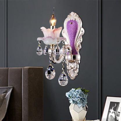 Purple Candelabra Wall Mount Light Modern 1/2 Lights Jade Sconce Light Fixture with Crystal Drop 1.0 Purple Clearhalo 'Modern wall lights' 'Modern' 'Wall Lamps & Sconces' 'Wall Lights' Lighting' 990742