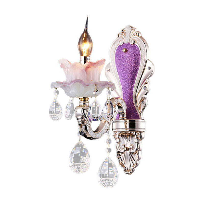 Purple Candelabra Wall Mount Light Modern 1/2 Lights Jade Sconce Light Fixture with Crystal Drop Clearhalo 'Modern wall lights' 'Modern' 'Wall Lamps & Sconces' 'Wall Lights' Lighting' 990744