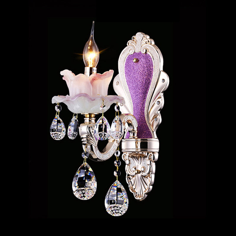Purple Candelabra Wall Mount Light Modern 1/2 Lights Jade Sconce Light Fixture with Crystal Drop Clearhalo 'Modern wall lights' 'Modern' 'Wall Lamps & Sconces' 'Wall Lights' Lighting' 990745