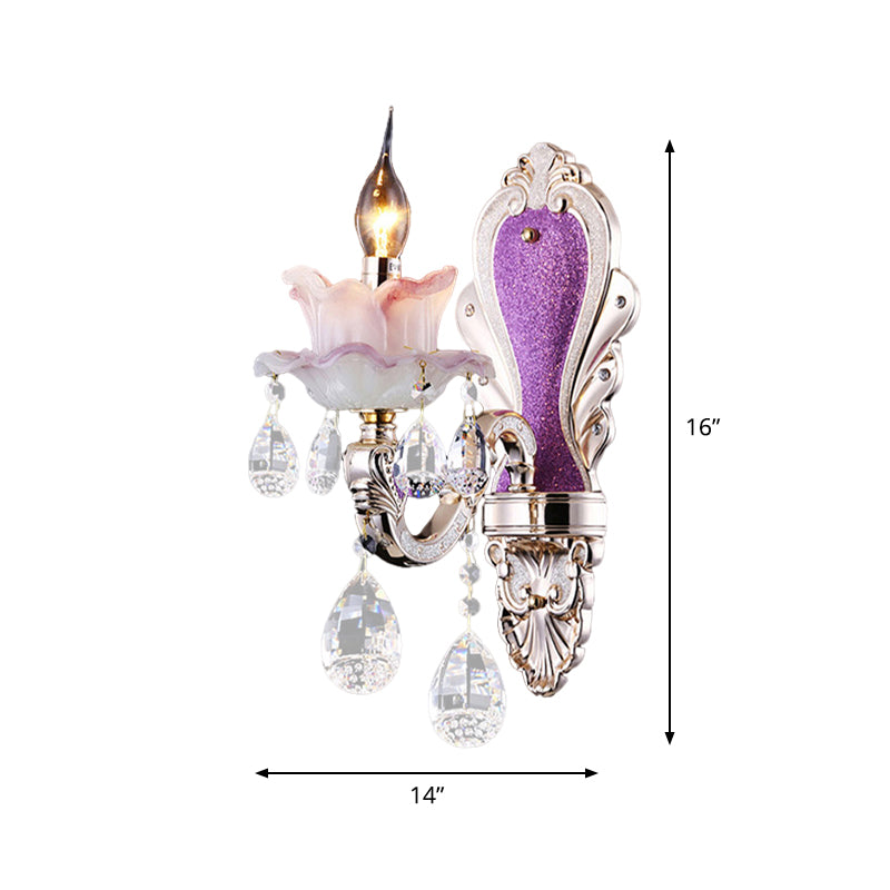 Purple Candelabra Wall Mount Light Modern 1/2 Lights Jade Sconce Light Fixture with Crystal Drop Clearhalo 'Modern wall lights' 'Modern' 'Wall Lamps & Sconces' 'Wall Lights' Lighting' 990746