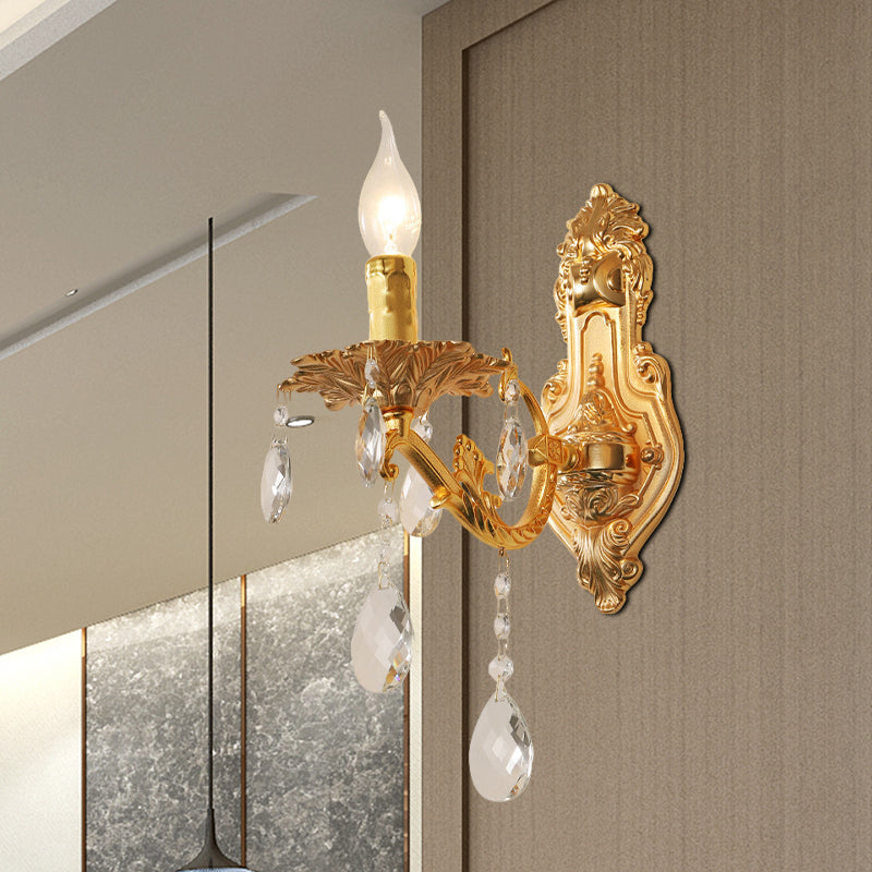 Gold Candelabra Wall Light Sconce Modernism 1/2 Lights Metal Sconce Light with Crystal Drop 1.0 Gold Clearhalo 'Modern wall lights' 'Modern' 'Wall Lamps & Sconces' 'Wall Lights' Lighting' 990747