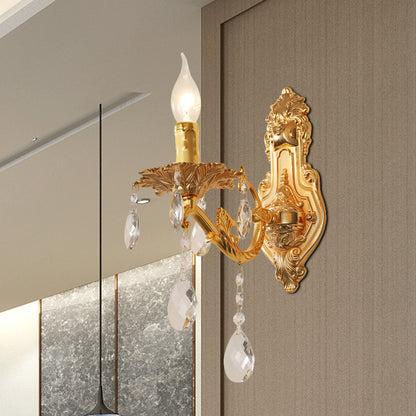 Gold Candelabra Wall Light Sconce Modernism 1/2 Lights Metal Sconce Light with Crystal Drop 1.0 Gold Clearhalo 'Modern wall lights' 'Modern' 'Wall Lamps & Sconces' 'Wall Lights' Lighting' 990747