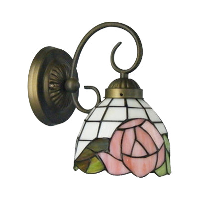 1 Head Sconce Light Victorian Dome Stained Glass Wall Light Fixture with Pink Rose Pattern Clearhalo 'Industrial' 'Middle century wall lights' 'Tiffany wall lights' 'Tiffany' 'Wall Lamps & Sconces' 'Wall Lights' Lighting' 99074