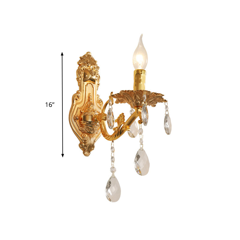 Gold Candelabra Wall Light Sconce Modernism 1/2 Lights Metal Sconce Light with Crystal Drop Clearhalo 'Modern wall lights' 'Modern' 'Wall Lamps & Sconces' 'Wall Lights' Lighting' 990751
