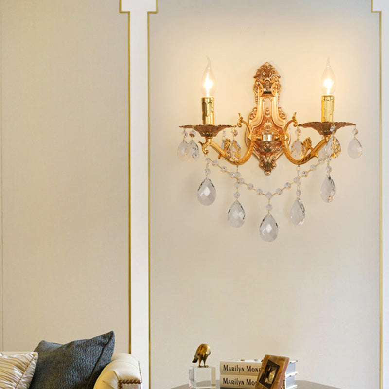 Gold Candelabra Wall Light Sconce Modernism 1/2 Lights Metal Sconce Light with Crystal Drop 2.0 Gold Clearhalo 'Modern wall lights' 'Modern' 'Wall Lamps & Sconces' 'Wall Lights' Lighting' 990752