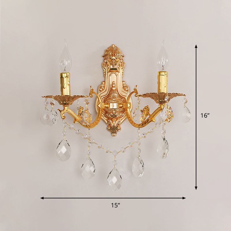 Gold Candelabra Wall Light Sconce Modernism 1/2 Lights Metal Sconce Light with Crystal Drop Clearhalo 'Modern wall lights' 'Modern' 'Wall Lamps & Sconces' 'Wall Lights' Lighting' 990755