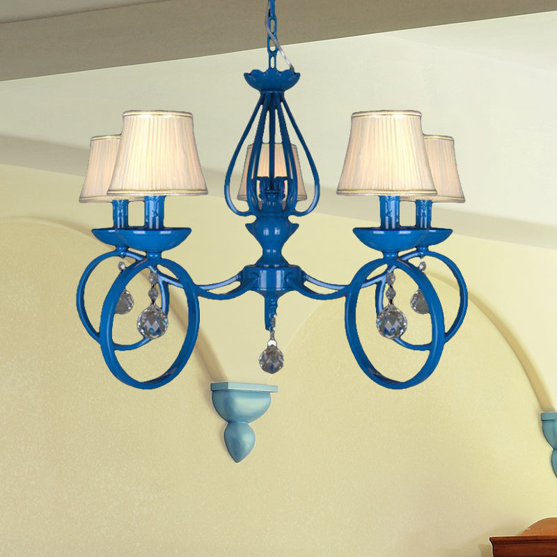 Fabric Blue Pendant Lamp Cone 5/6/8 Lights Classic Chandelier Light Fixture for Living Room with Crystal Draping 5 Blue Clearhalo 'Ceiling Lights' 'Chandeliers' Lighting' options 990791_1f57d159-57b4-493d-b51f-7c21c3da2690