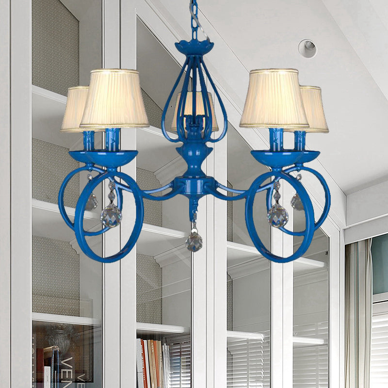 Fabric Blue Pendant Lamp Cone 5/6/8 Lights Classic Chandelier Light Fixture for Living Room with Crystal Draping Clearhalo 'Ceiling Lights' 'Chandeliers' Lighting' options 990792
