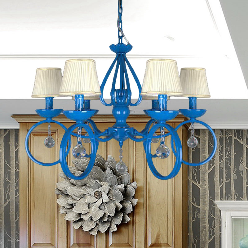 Fabric Blue Pendant Lamp Cone 5/6/8 Lights Classic Chandelier Light Fixture for Living Room with Crystal Draping Clearhalo 'Ceiling Lights' 'Chandeliers' Lighting' options 990796