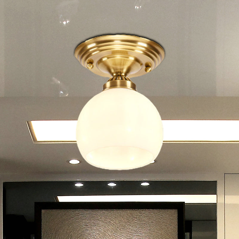 Globe/Cone White Glass Flush Mount Lamp Classic 1 Light Corridor Ceiling Lighting in Brass Clearhalo 'Ceiling Lights' 'Close To Ceiling Lights' 'Close to ceiling' 'Flush mount' Lighting' 990830