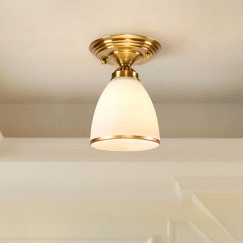 Globe/Cone White Glass Flush Mount Lamp Classic 1 Light Corridor Ceiling Lighting in Brass Clearhalo 'Ceiling Lights' 'Close To Ceiling Lights' 'Close to ceiling' 'Flush mount' Lighting' 990835