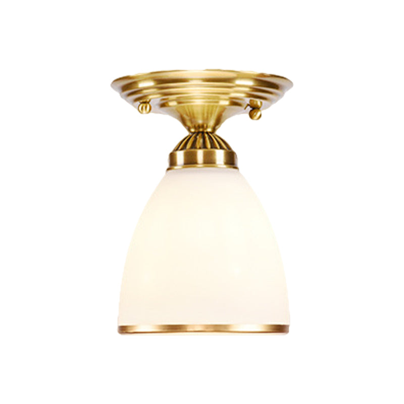 Globe/Cone White Glass Flush Mount Lamp Classic 1 Light Corridor Ceiling Lighting in Brass Clearhalo 'Ceiling Lights' 'Close To Ceiling Lights' 'Close to ceiling' 'Flush mount' Lighting' 990837