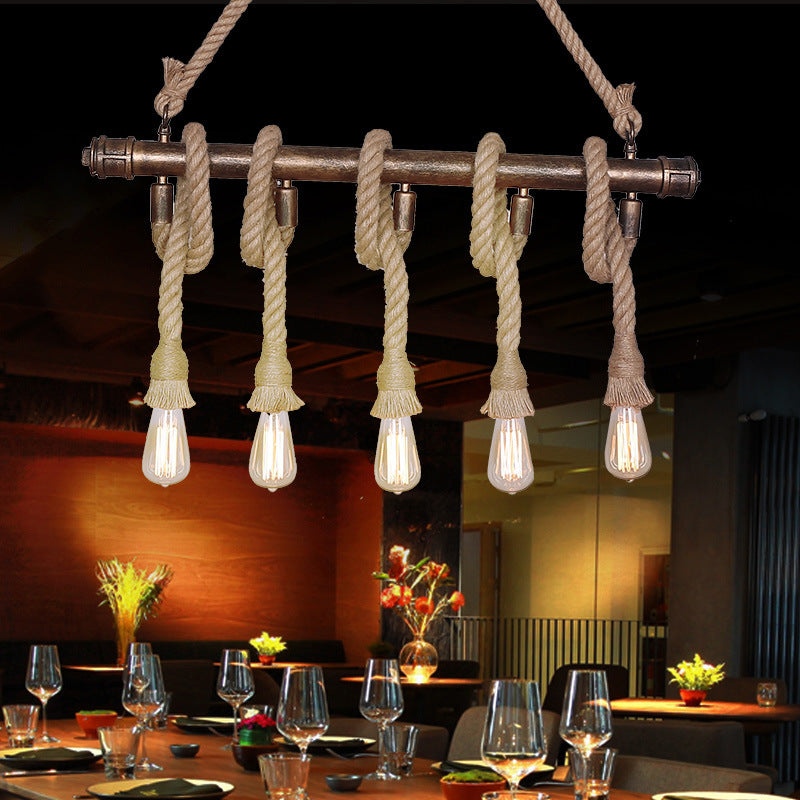 3/5 Heads Open Bulb Island Pendant Warehouse Beige Metal Hanging Ceiling Light for Dining Room with Rope Wrapped Accent 5 Beige Clearhalo 'Ceiling Lights' 'Island Lights' Lighting' 990925