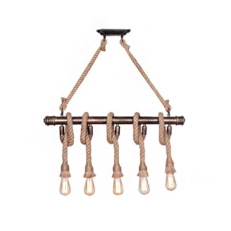 3/5 Heads Open Bulb Island Pendant Warehouse Beige Metal Hanging Ceiling Light for Dining Room with Rope Wrapped Accent Clearhalo 'Ceiling Lights' 'Island Lights' Lighting' 990927