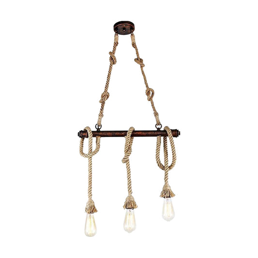 3/5 Heads Open Bulb Island Pendant Warehouse Beige Metal Hanging Ceiling Light for Dining Room with Rope Wrapped Accent 3 Beige Clearhalo 'Ceiling Lights' 'Island Lights' Lighting' 990929