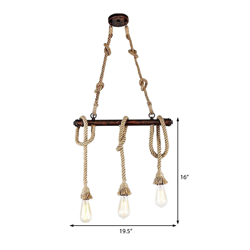 3/5 Heads Open Bulb Island Pendant Warehouse Beige Metal Hanging Ceiling Light for Dining Room with Rope Wrapped Accent Clearhalo 'Ceiling Lights' 'Island Lights' Lighting' 990930