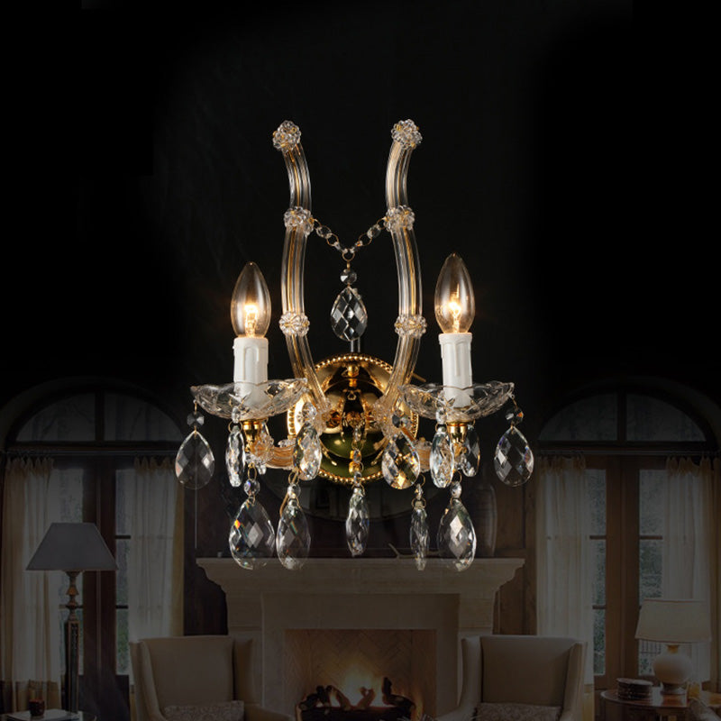 Candle Wall Mounted Light Contemporary Amber Glass 2 Lights Gold Finish Wall Light with Clear Crystal Deco Clearhalo 'Modern wall lights' 'Modern' 'Wall Lamps & Sconces' 'Wall Lights' Lighting' 990960