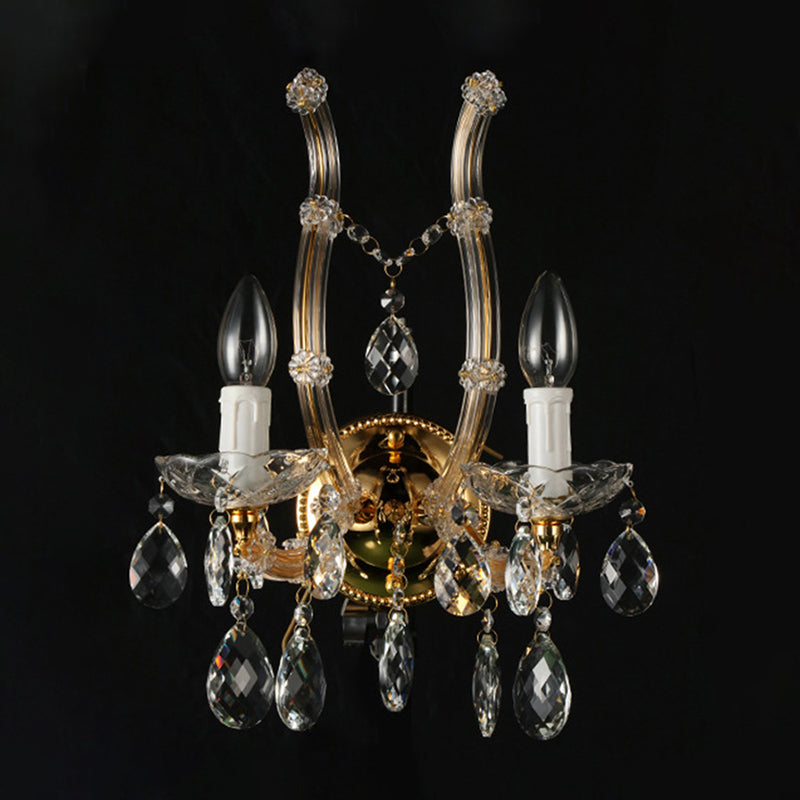 Candle Wall Mounted Light Contemporary Amber Glass 2 Lights Gold Finish Wall Light with Clear Crystal Deco Clearhalo 'Modern wall lights' 'Modern' 'Wall Lamps & Sconces' 'Wall Lights' Lighting' 990962