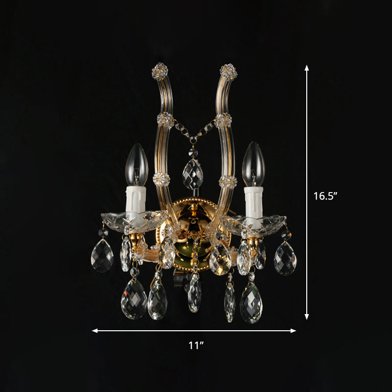 Candle Wall Mounted Light Contemporary Amber Glass 2 Lights Gold Finish Wall Light with Clear Crystal Deco Clearhalo 'Modern wall lights' 'Modern' 'Wall Lamps & Sconces' 'Wall Lights' Lighting' 990963