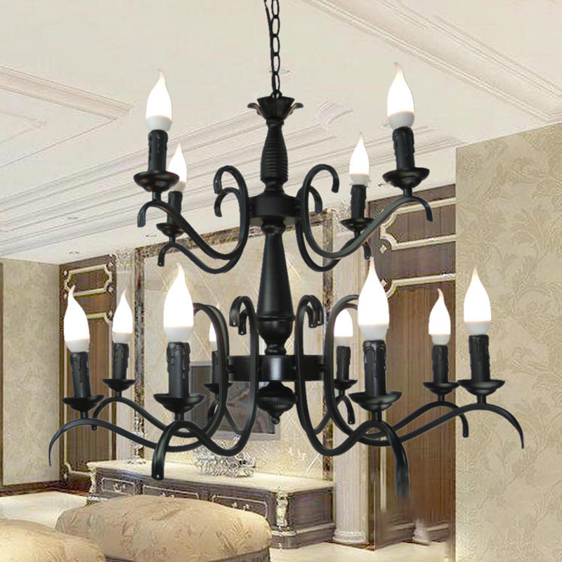 2-Tier Candle Living Room Chandelier Traditional Metal 3/5/6 Bulbs Black Finish Ceiling Hanging Light 12 Black Clearhalo 'Ceiling Lights' 'Chandeliers' Lighting' options 990984_b811b95f-8173-4ae0-a58e-2f6528532ebf