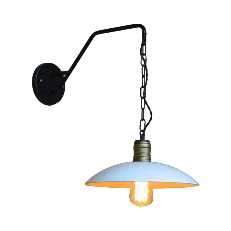 Vintage Saucer Shade Wall Lighting 1 Bulb Metallic Wall Hanging Light with Chain in White for Bedroom Clearhalo 'Art deco wall lights' 'Cast Iron' 'Glass' 'Industrial wall lights' 'Industrial' 'Middle century wall lights' 'Modern' 'Rustic wall lights' 'Tiffany' 'Traditional wall lights' 'Wall Lamps & Sconces' 'Wall Lights' Lighting' 991108