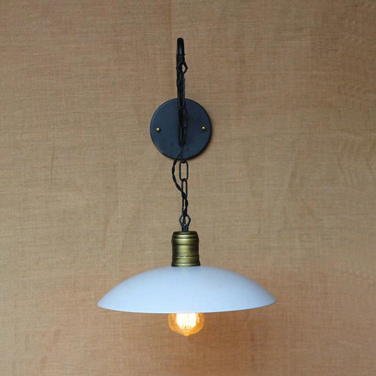 Vintage Saucer Shade Wall Lighting 1 Bulb Metallic Wall Hanging Light with Chain in White for Bedroom Clearhalo 'Art deco wall lights' 'Cast Iron' 'Glass' 'Industrial wall lights' 'Industrial' 'Middle century wall lights' 'Modern' 'Rustic wall lights' 'Tiffany' 'Traditional wall lights' 'Wall Lamps & Sconces' 'Wall Lights' Lighting' 991109