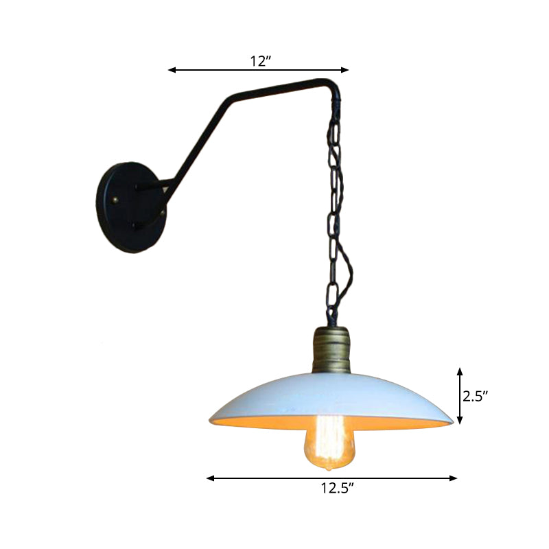 Vintage Saucer Shade Wall Lighting 1 Bulb Metallic Wall Hanging Light with Chain in White for Bedroom Clearhalo 'Art deco wall lights' 'Cast Iron' 'Glass' 'Industrial wall lights' 'Industrial' 'Middle century wall lights' 'Modern' 'Rustic wall lights' 'Tiffany' 'Traditional wall lights' 'Wall Lamps & Sconces' 'Wall Lights' Lighting' 991110