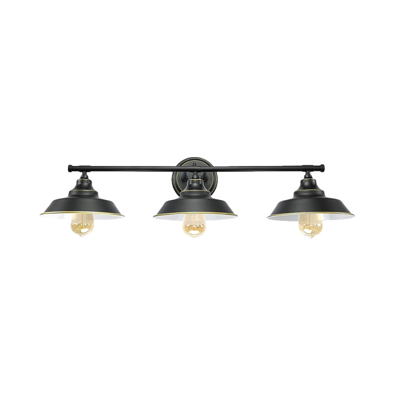 3 Lights Wall Mount Fixture with Barn Shade Metallic Retro Style Living Room Wall Lighting in Black Clearhalo 'Art deco wall lights' 'Cast Iron' 'Glass' 'Industrial wall lights' 'Industrial' 'Middle century wall lights' 'Modern' 'Rustic wall lights' 'Tiffany' 'Traditional wall lights' 'Wall Lamps & Sconces' 'Wall Lights' Lighting' 991144