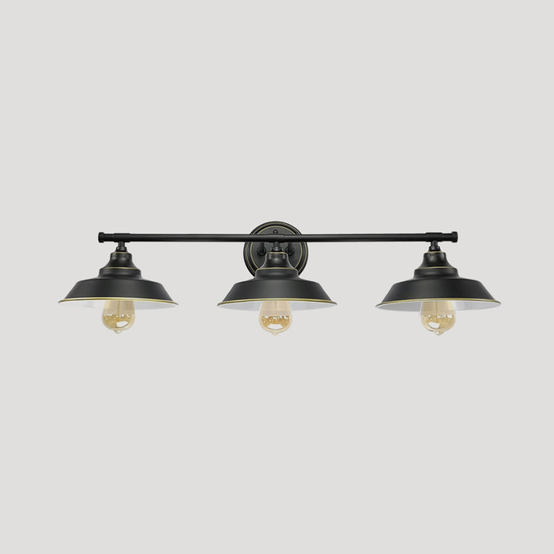 3 Lights Wall Mount Fixture with Barn Shade Metallic Retro Style Living Room Wall Lighting in Black Clearhalo 'Art deco wall lights' 'Cast Iron' 'Glass' 'Industrial wall lights' 'Industrial' 'Middle century wall lights' 'Modern' 'Rustic wall lights' 'Tiffany' 'Traditional wall lights' 'Wall Lamps & Sconces' 'Wall Lights' Lighting' 991145