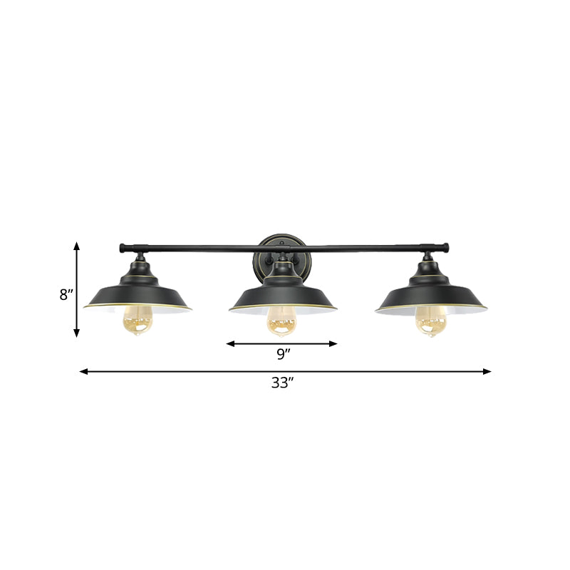 3 Lights Wall Mount Fixture with Barn Shade Metallic Retro Style Living Room Wall Lighting in Black Clearhalo 'Art deco wall lights' 'Cast Iron' 'Glass' 'Industrial wall lights' 'Industrial' 'Middle century wall lights' 'Modern' 'Rustic wall lights' 'Tiffany' 'Traditional wall lights' 'Wall Lamps & Sconces' 'Wall Lights' Lighting' 991146